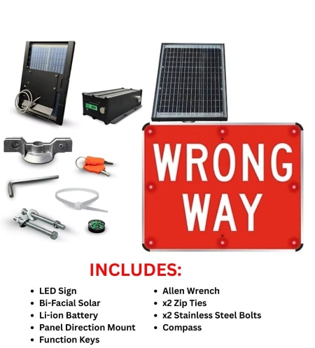 Solar Powered LED WRONG WAY Sign
